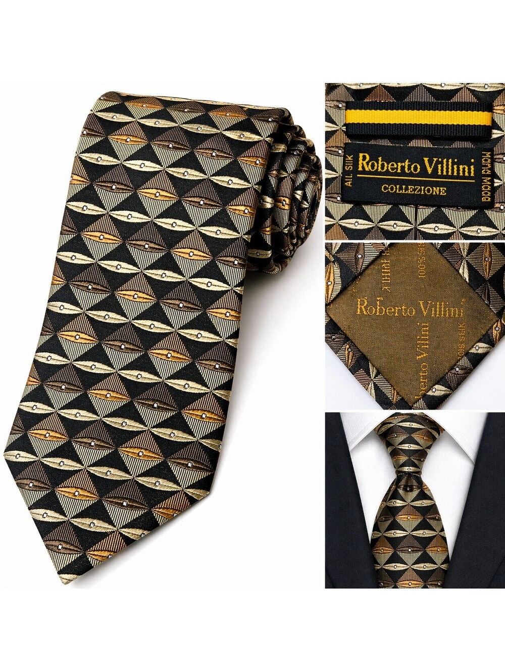 ROBERTO VILLINI Gray Gold & Black Geometric Design Silk Tie Necktie